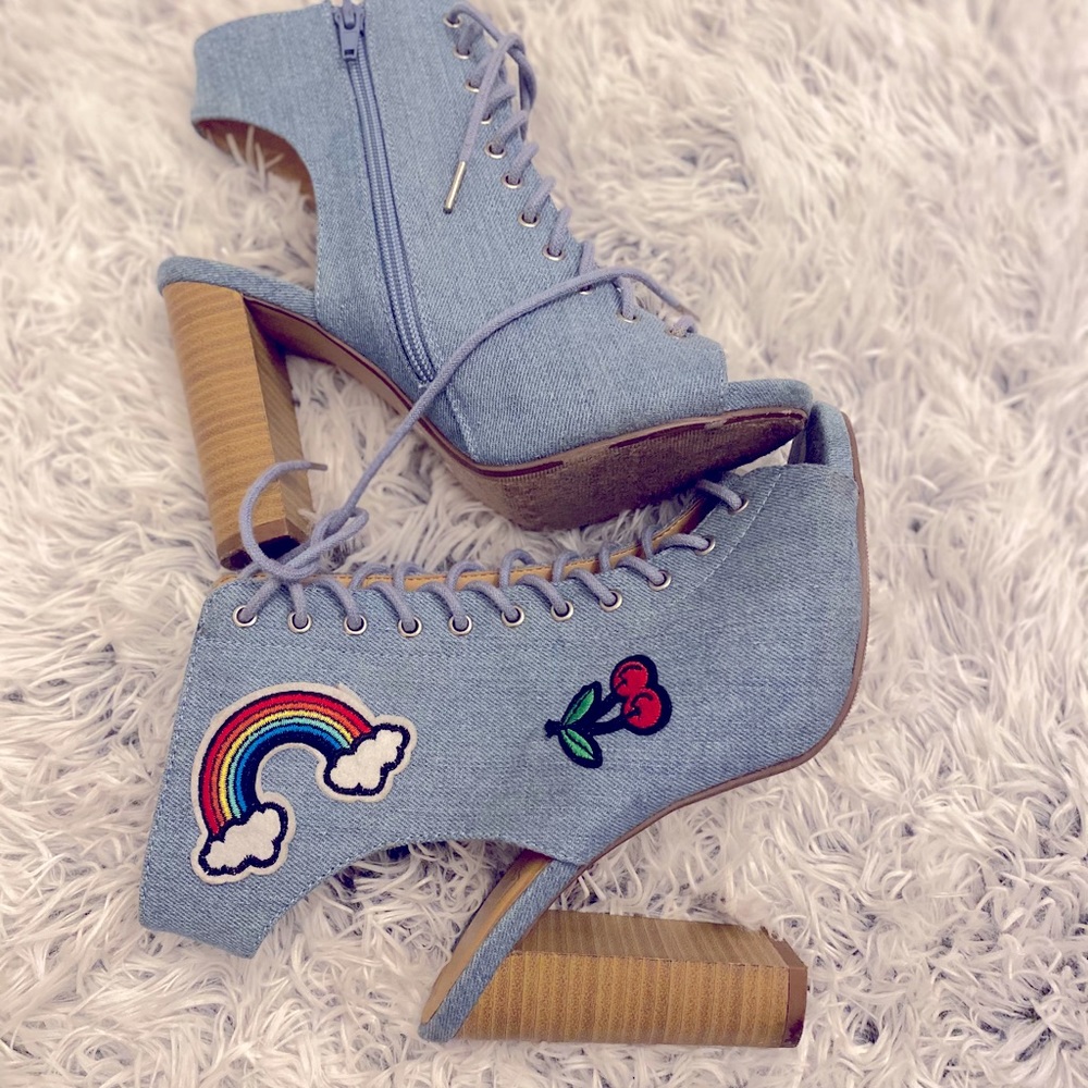 Open Toe Denim Lace Up Heels